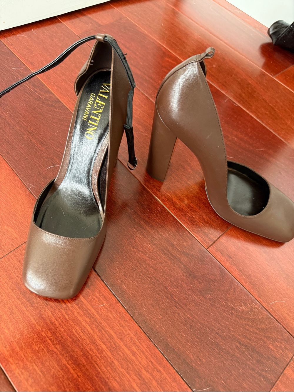 Valentino Garavani Brown Leather Square-Toe Block Heel Pumps